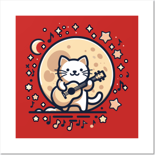 Cool and Cute Cat Playing Guitar under the Moon Posters and Art